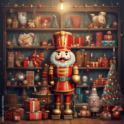 Christmas toy store illustration with a nutcracker
