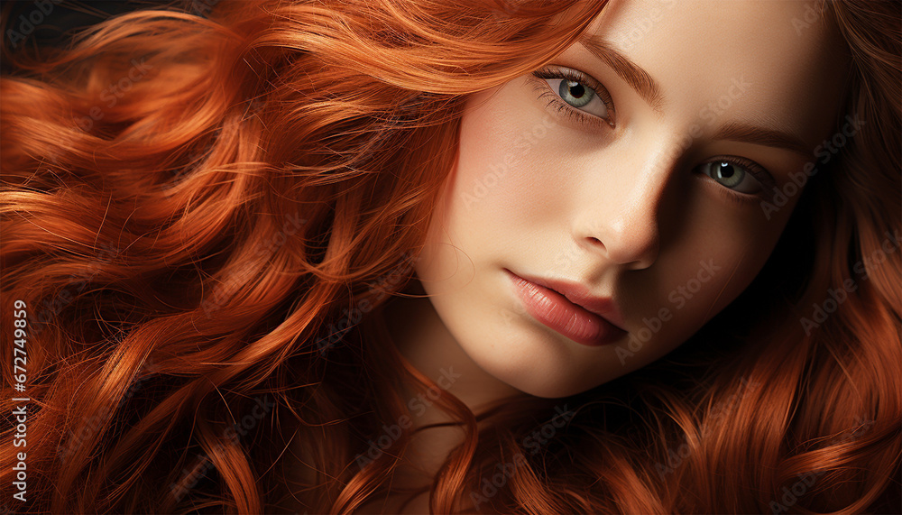 Obraz premium Long Curly Red Hair. Fashion Woman Portrait. Beauty Model Girl with Luxurious Hair, Make up and Accessories. Hairstyle. Wavy Hair Extensions Concept.