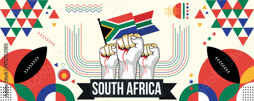South Africa national or independence day banner for country celebration. Flag of South Africa with raised fists. Modern retro design with abstract geometric icons. Vector illustration.