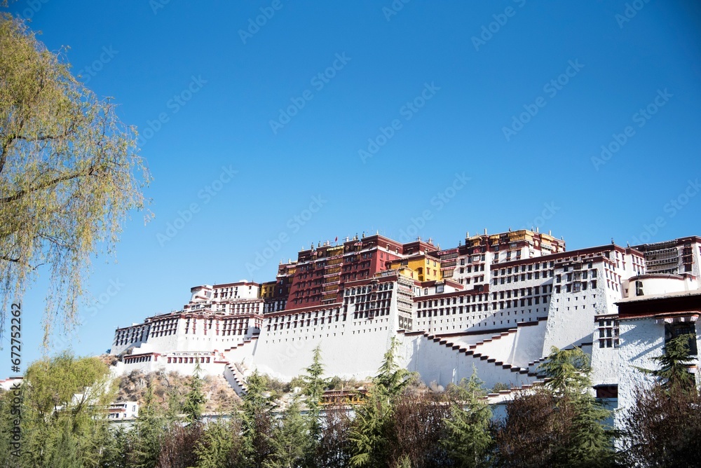 Picturesque view of the magnificent Potala Palace perched atop a hill in Lhasa, Tibet