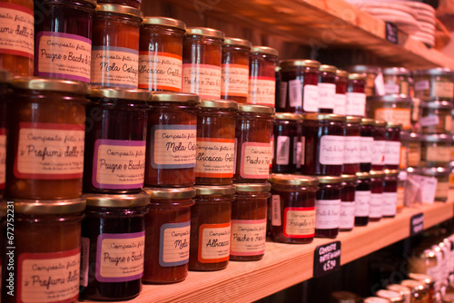 jam jars on the supermarket shelf