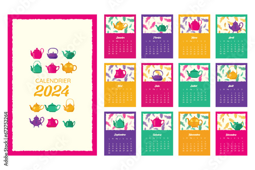 Modèle de calendrier 2024. Calendrier mensuel 2024 avec de jolies théières aux couleurs pop. Un calendrier moderne pour le bureau, l'organisateur
