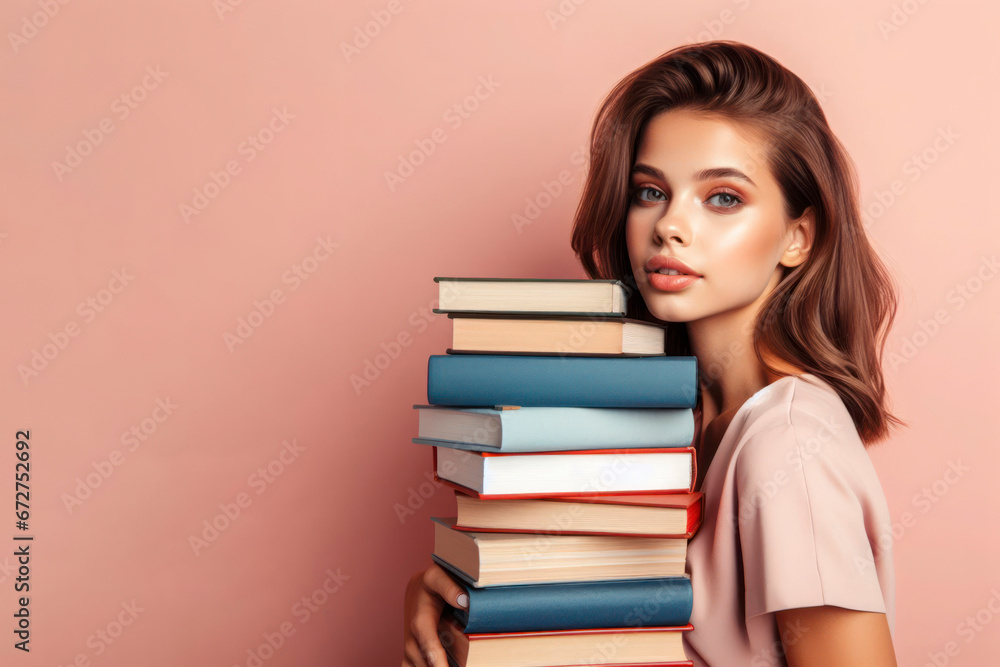 Back to school creative portrait, young beautiful girl with stack books. ai generative Back to school creative portrait, young beautiful girl with stack books. ai generative
