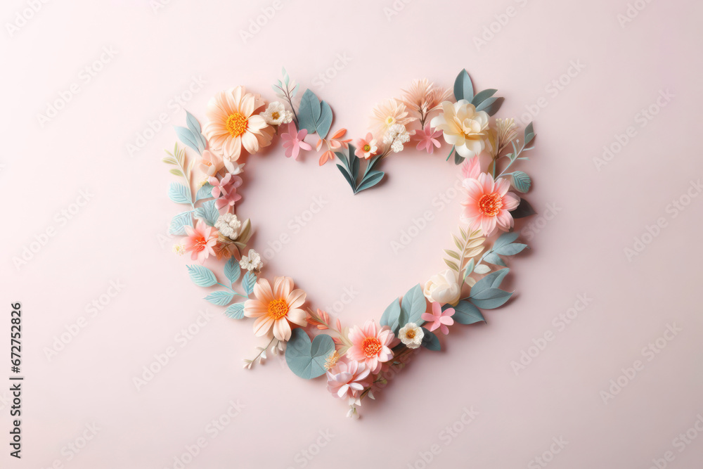 Creative Spring frame in heart shape made of fresh pastel flowers and leaves. ai generative