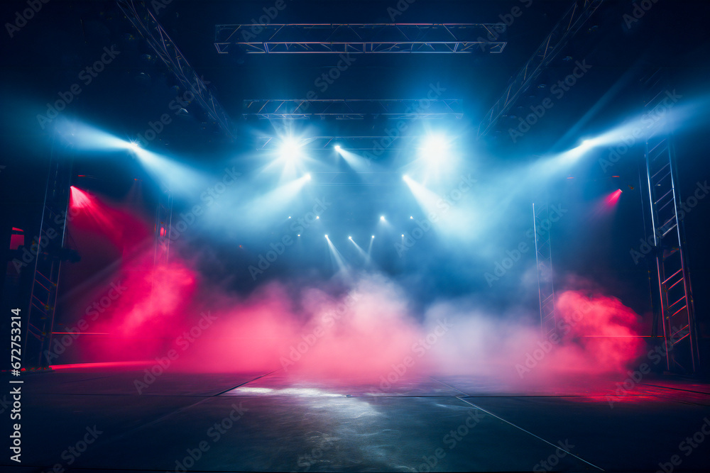 An empty stage ready for concert, with big colored lights and smoke