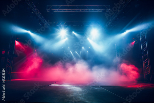 An empty stage ready for concert  with big colored lights and smoke