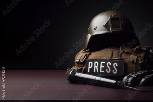 microphone and body armor with a helmet with the inscription PRESS. ai generative photo