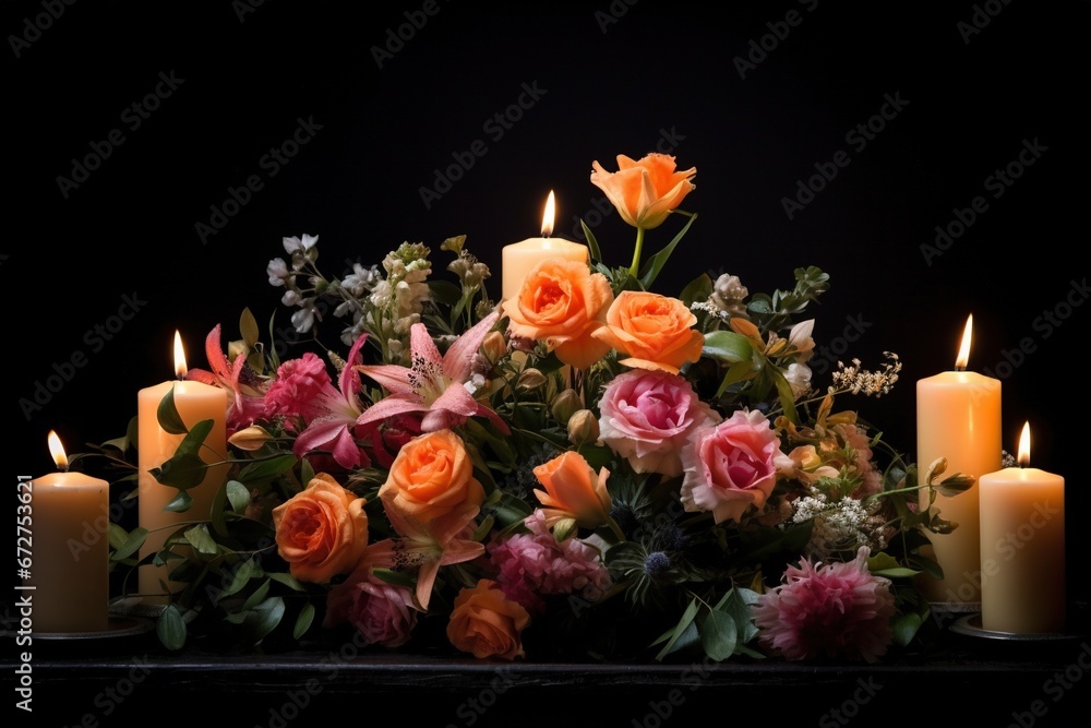 Obraz premium Beautiful flowers and candles on black background.Funeral Concept