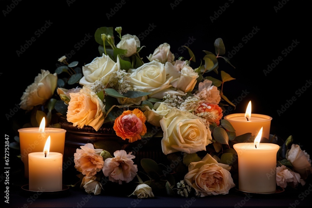 Beautiful flowers and candles on black background.Funeral Concept Beautiful flowers and candles on black background.Funeral Concept
