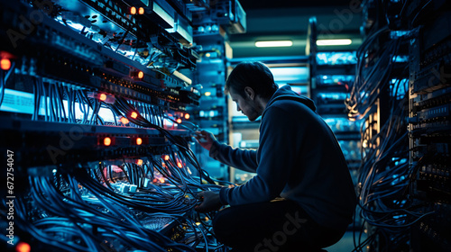 Navigating the Labyrinth of Technology  The Diligent Network Engineer's Routine in the Heart of the Server Room photo