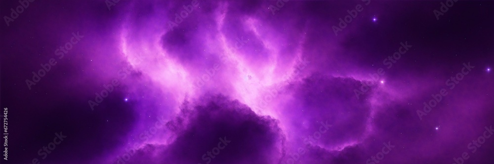 Purple Nebula in Space Banner. Abstract Nebula with Shining Stars. Cosmic Wallpaper.