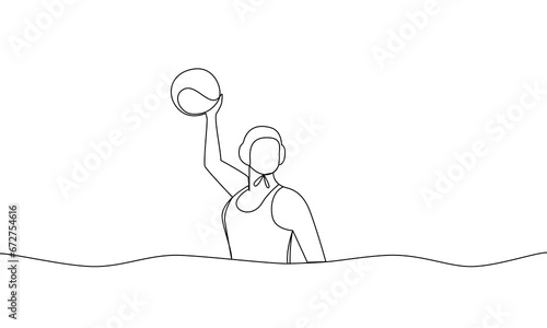 Single solid drawing of a woman athlete in the water with a ball. Water polo. One line vector illustration