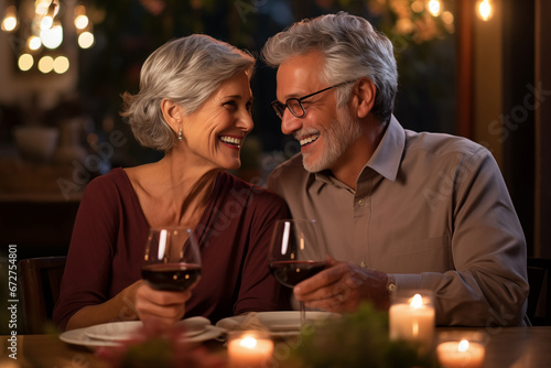 Happy senior couple having romantic dinner in restaurant together. They are looking at each other and smiling. Cheerful elderly man and woman celebrating Valentines Day