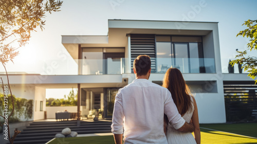 Photo Happy young couple standing in front of new home
