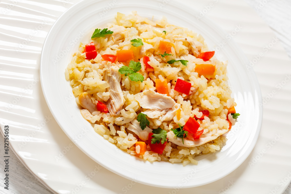 Chicken Fried Rice with vegetables in white bowl Chicken Fried Rice with vegetables in white bowl