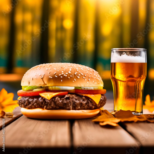 hamburger and beer on wooden table