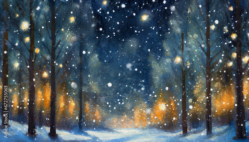 Snow falling at night in a snowy dark forest