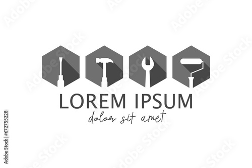 Work tools as icon set and logo concept. Tool icons in flat design and gray color including a screwdriver, hammer, wrench, paint roller. Vector illustration isolated in white background.