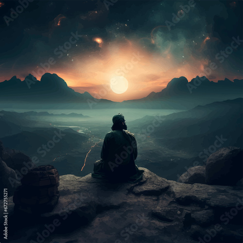 Illustration of nightfall and man meditating in the moonlight