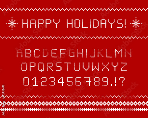 Font set in a knitted sweater letter design. Vector alphabet, abc, type as knitwear style and woven winter pullover or jumper letters.