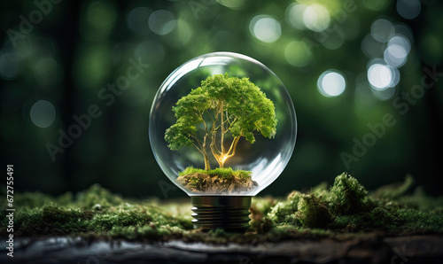 Green energy concept, light bulb with growing tree inside.