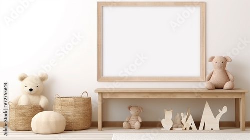 Mock up frame in children room with natural wooden furniture, Farmhouse style interior generative ai