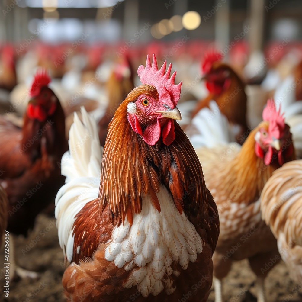 Vibrant and thriving ecological chickens at a picturesque domestic farm and bustling factory