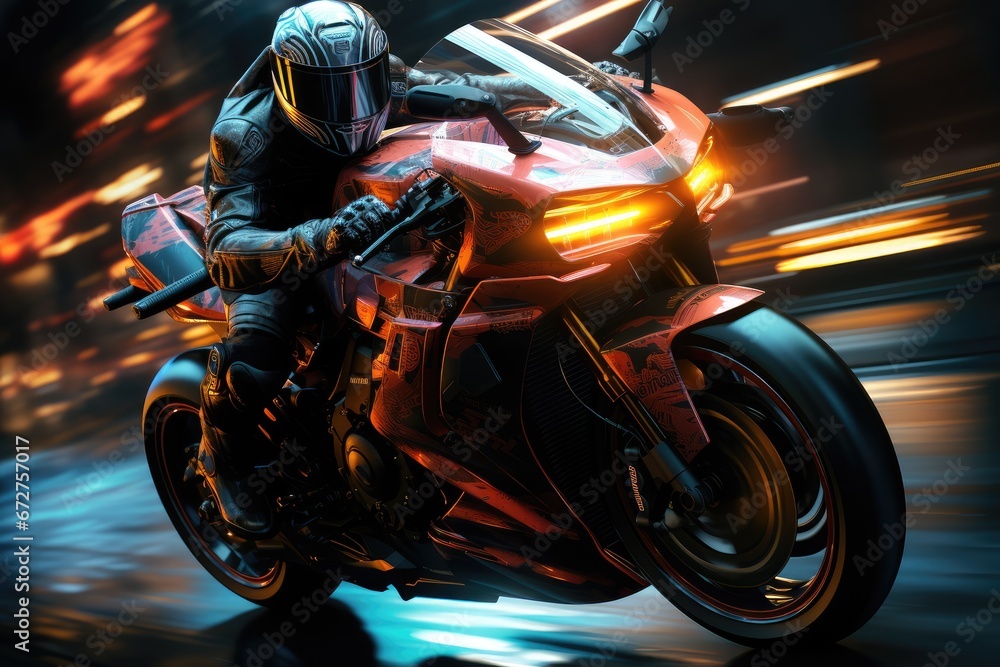 Un moto à pleine vitesse dans les rue d'un ville style cyberpunk