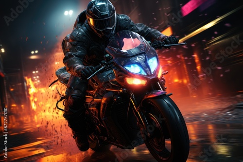 Un moto à pleine vitesse dans les rue d'un ville style cyberpunk