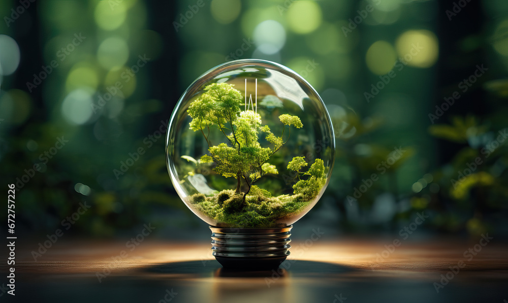 Green energy concept, light bulb with growing tree inside. - obrazy, fototapety, plakaty 