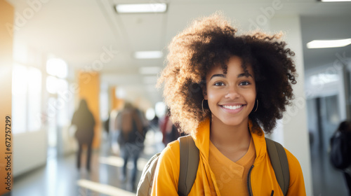 A young African American teenager in a college hallway. A smiling dark-skinned student looks at the camera. Education concept. photo