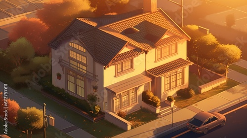 a realistic isometric illustration of a charming 1929 house, bathed in the soft, warm light of a serene sunset