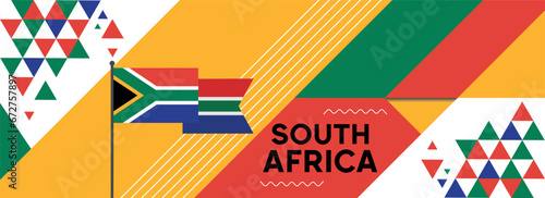 South Africa national or independence day banner design for country celebration. Flag of South Africa with modern retro design and abstract geometric icons. Vector illustration.