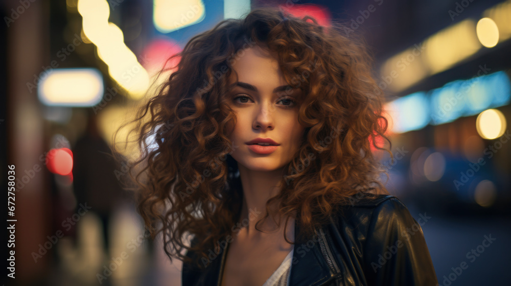 Close-up of a young beautiful woman with wavy hair on a city evening street. Stylish woman walks through the evening city. Concept of style, fashion. Lifestyle. Close-up of a young beautiful woman with wavy hair on a city evening street. Stylish woman walks through the evening city. Concept of style, fashion. Lifestyle.