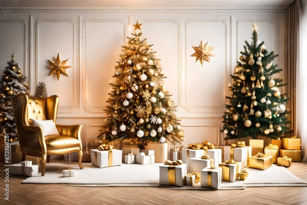 christmas tree with presents Christmas living room interior with Christmas tree and presents. White and gold presents with Christmas tree in the living room. jpg