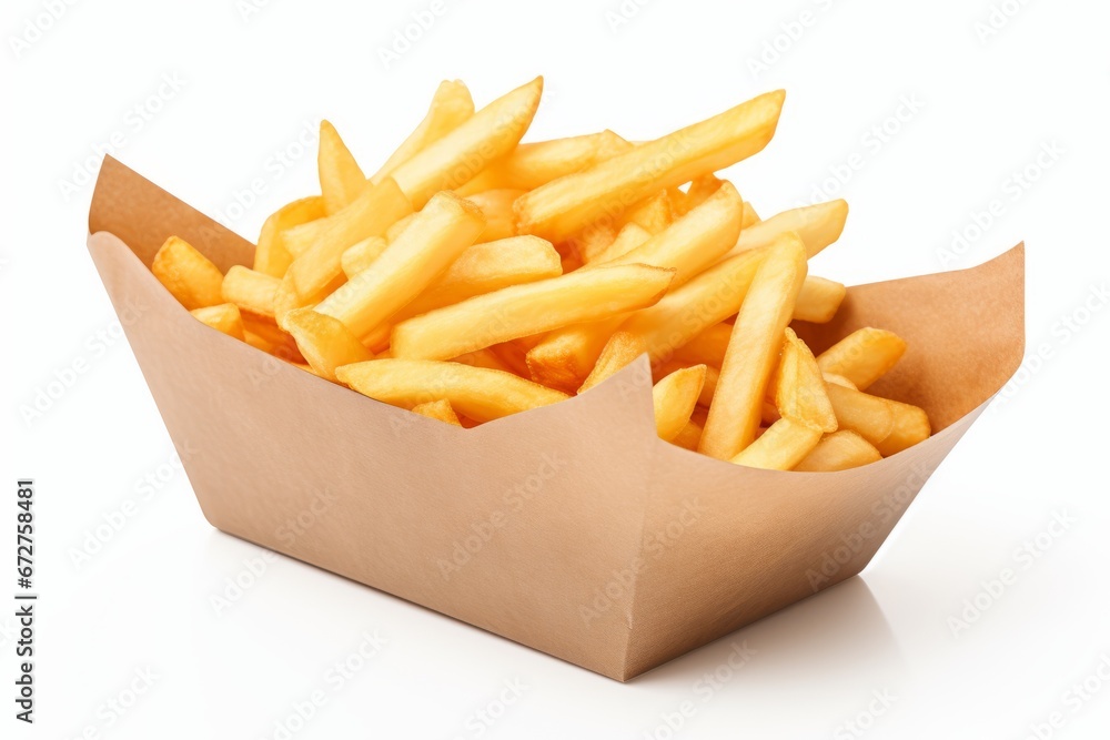 Delicious Crispy French Fries in a Classic Paper Pack, Isolated on a Clean White Background Delicious Crispy French Fries in a Classic Paper Pack, Isolated on a Clean White Background