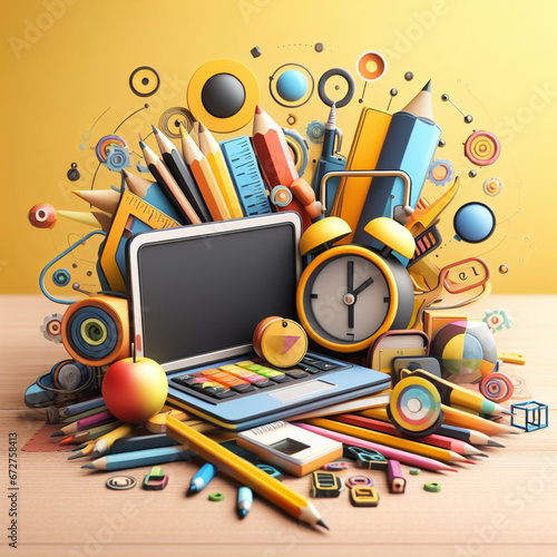 School supplies on wooden table with colorful background. Back to school concept