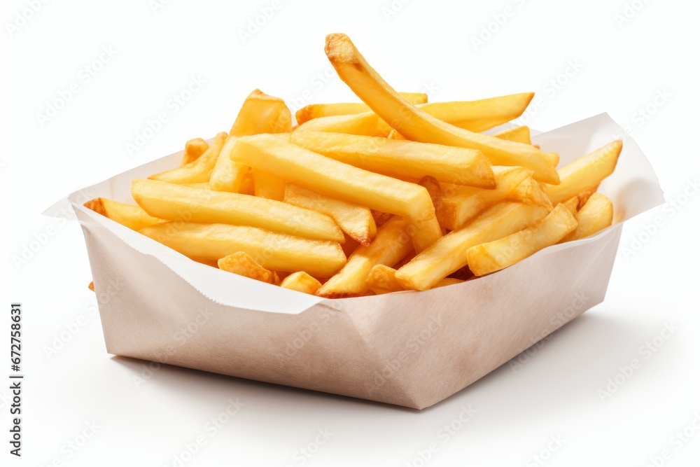 Golden and Crispy Classic French Fries in a Paper Pack, Isolated on a Clean White Background