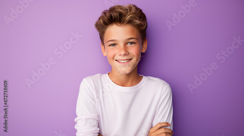 Joyful teen boy in bright lavender dress