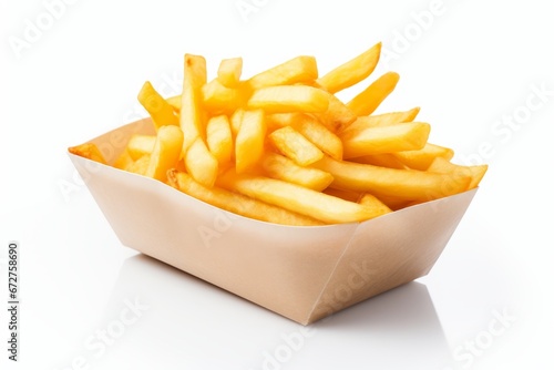 Delicious Classic French Fries Served in a Tasty Paper Sleeve, Isolated on Crisp White Background