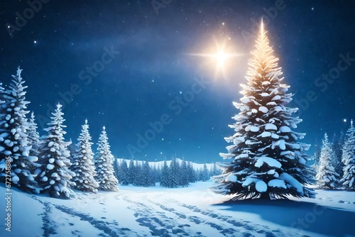 christmas tree with snow Fantastic winter landscape with christmas tree. 3D rendering. Christmas background with christmas tree, snow and stars. Beautiful christmas night.