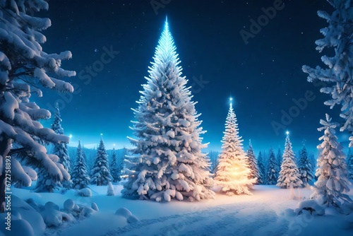 Fantastic winter landscape with christmas tree. 3D rendering. Christmas background with christmas tree, snow and stars. Beautiful christmas night.