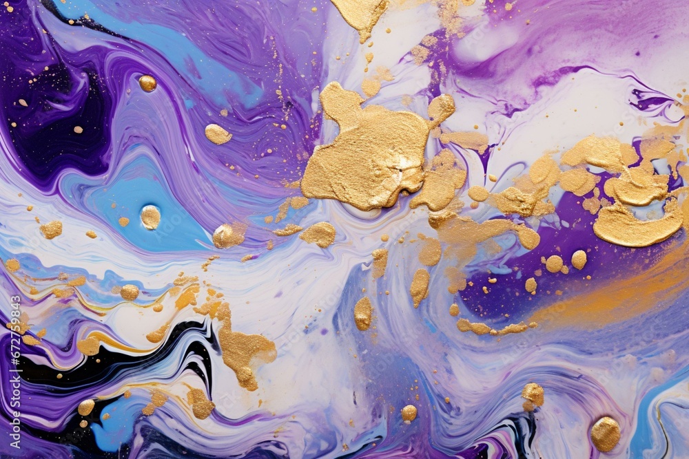 Opulent acrylic pour art with swirling vibrant hues of purple and blue, accentuated by dazzling golden powder. Generative AI