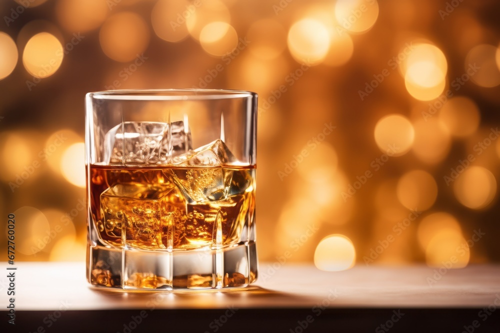 Christmas glass of amber whiskey with ice on a white desk against golden blurred background with lights