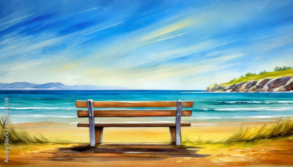 Watercolor painting of a bench by the sea