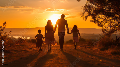 Happy family in the park. Young mother  father and children having fun  enjoying the sunset light on a summer evening  spending time together. Concept of love  family  relaxation.