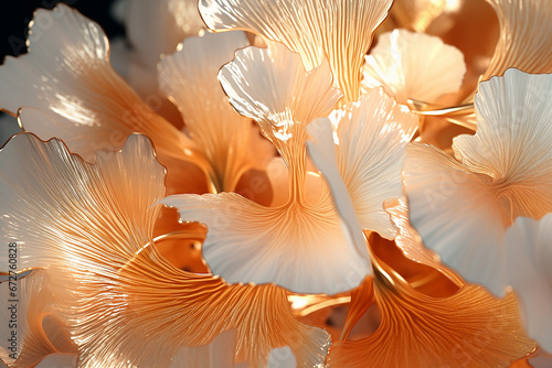 orangefarbene Gingko Blätter wie aus Glas, Metall und Porzellan mit Dekoration photo
