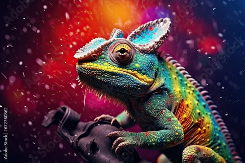 Colorful chameleon on a branch, a creative concept of adaptation and transformation. Generative AI