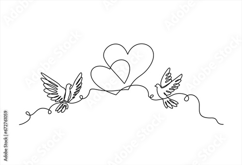 Hand drawn one line vector.Wedding day. Flying pigeons and two hearts vector one continuous  line art. Illustration with quote template. Can used for logo, banner, booklet, flyer, brochure