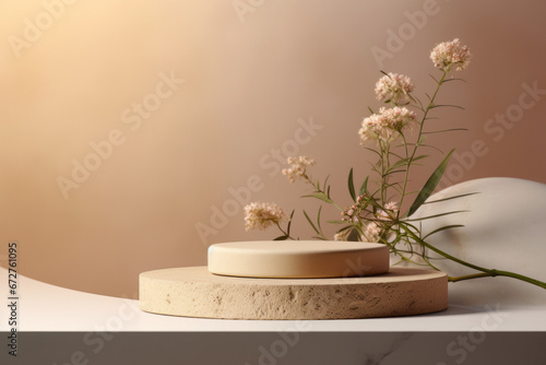 Beautiful beige background with an empty podium with space for a product and flowers next to it.generative ai